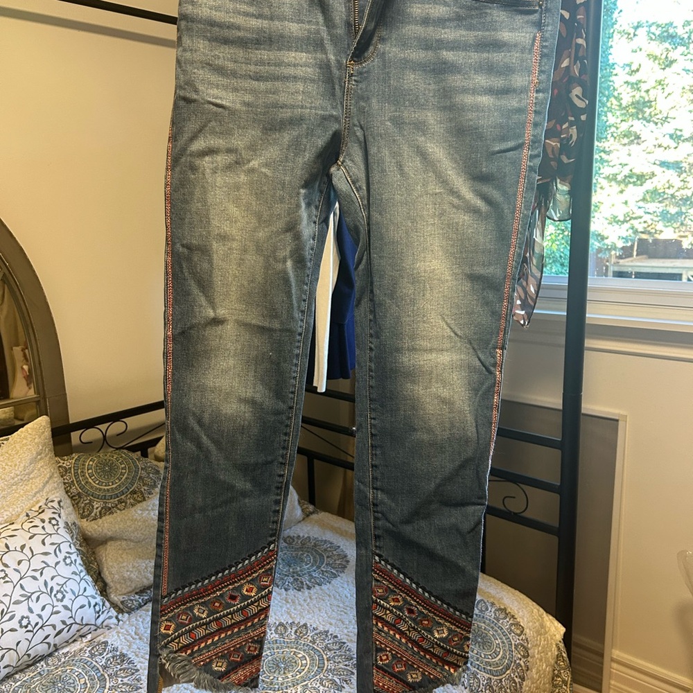 Driftwood Embroidered Denim Jeans with Fringe Hem
